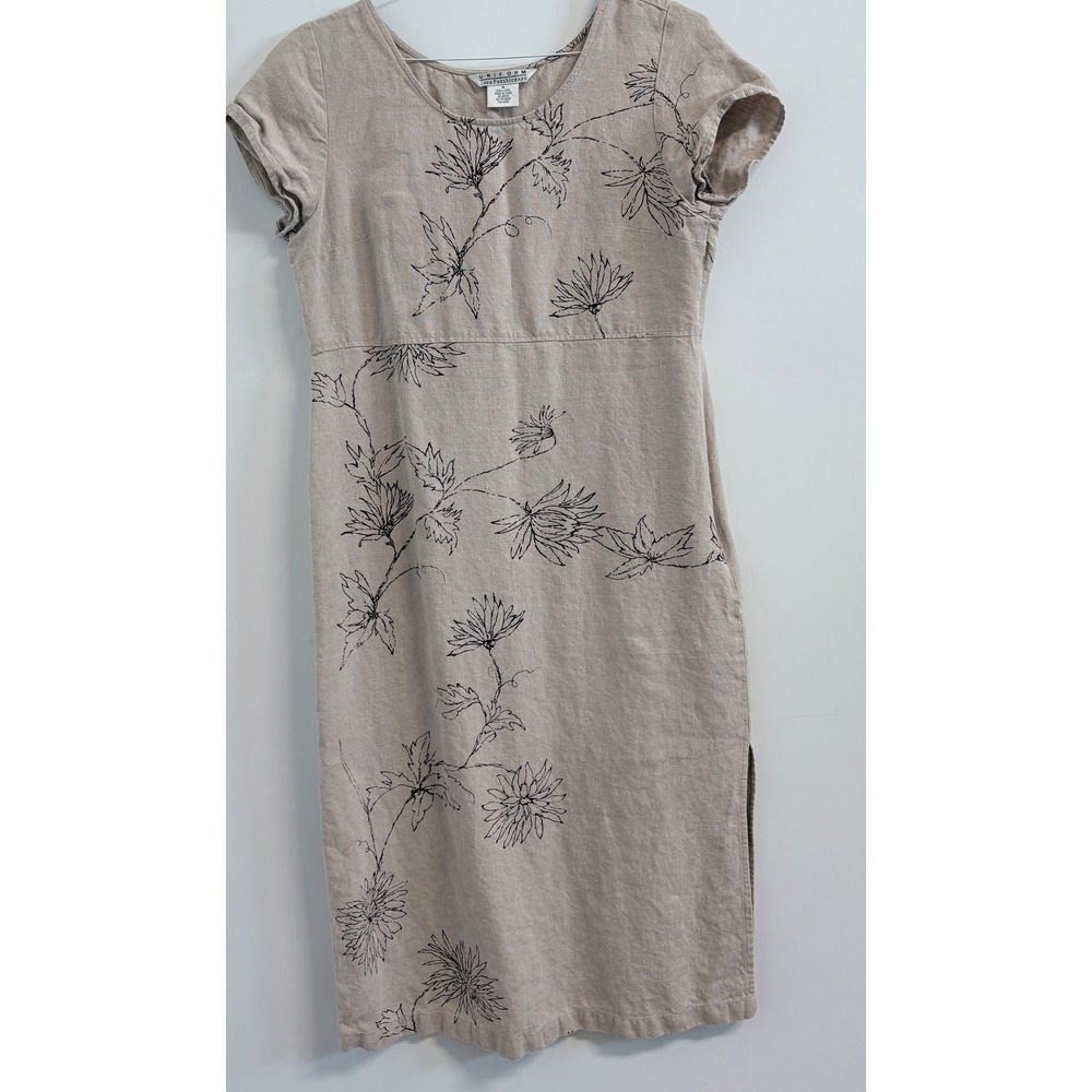 John Paul Richard Uniform Womens Linen Floral Midi Dress Beige Black Size M